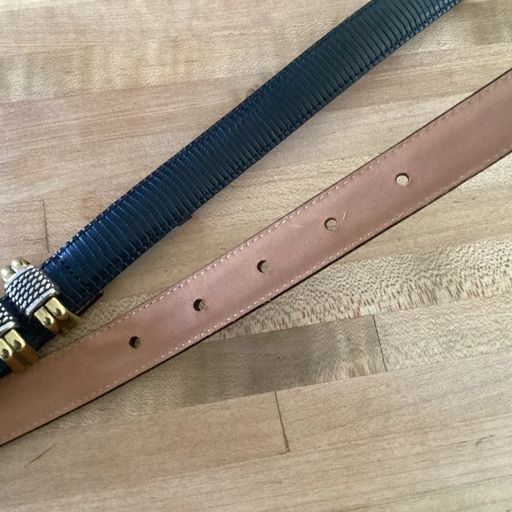 BRIGHTON Vintage 1” Gold & Silver Buckle Black Faux Reptile Leather Belt S 28